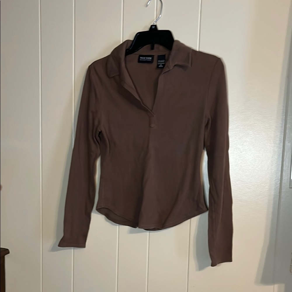 New York & Company Chocolate Brown Fitted Blouse with Notched Collar